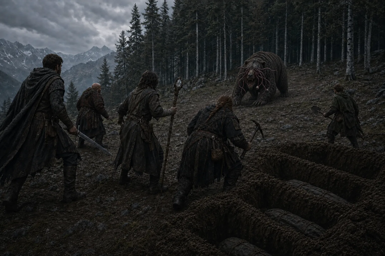A corrupted bear with alien tendrils charges the five adventurers