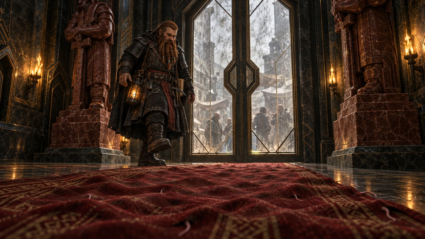 Rurik discovers a swarm beneath the red carpet at the temple’s glass doors