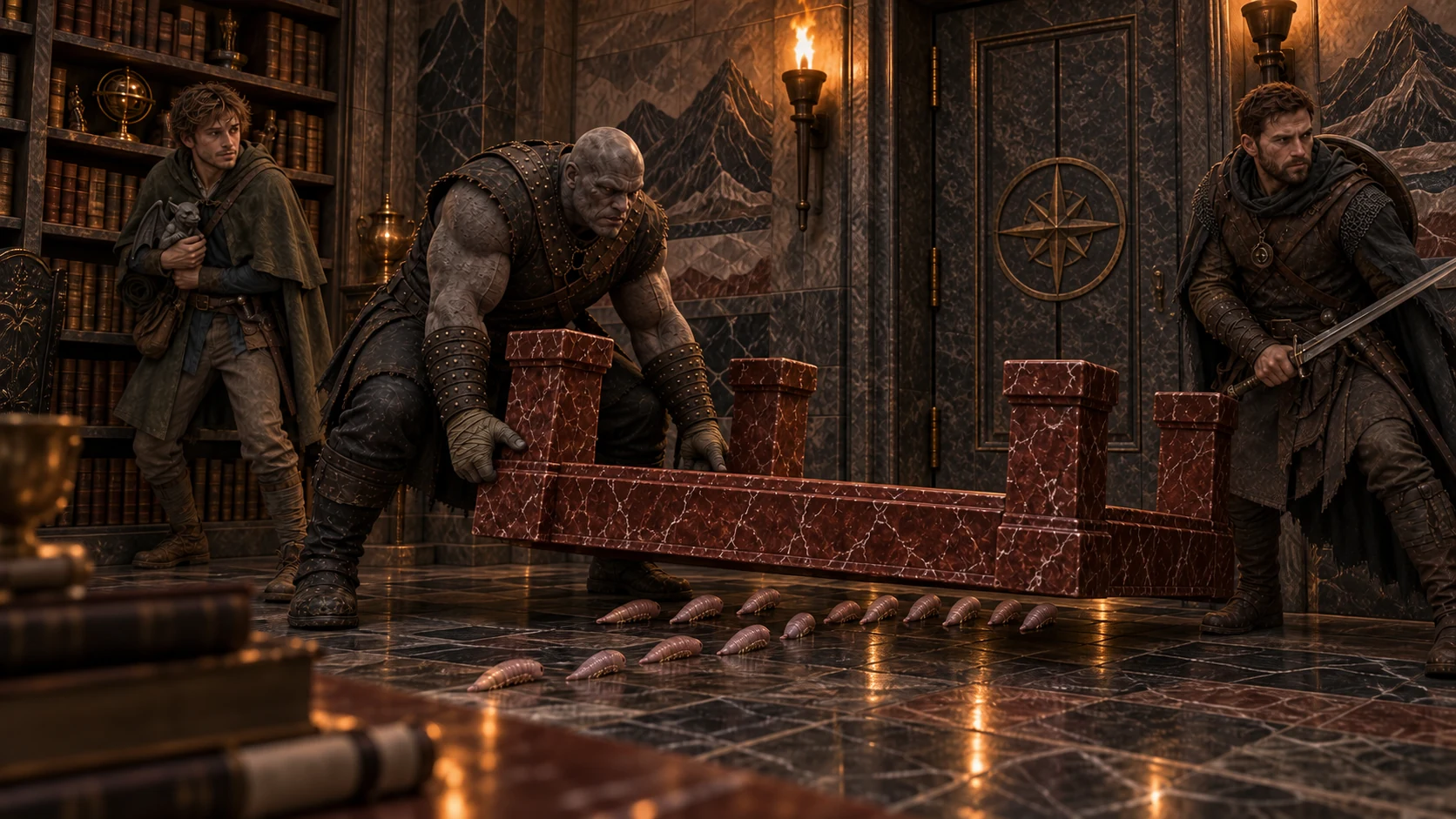 Stone-skinned Ert turns a heavy marble desk into a trap for the invading parasites